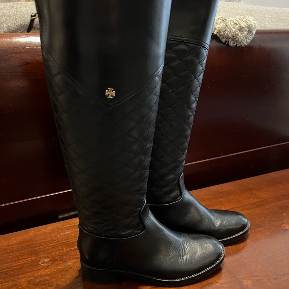 Tory Burch Claremont black quilted leather riding boots Sz 6 and 1/2 worn twice.